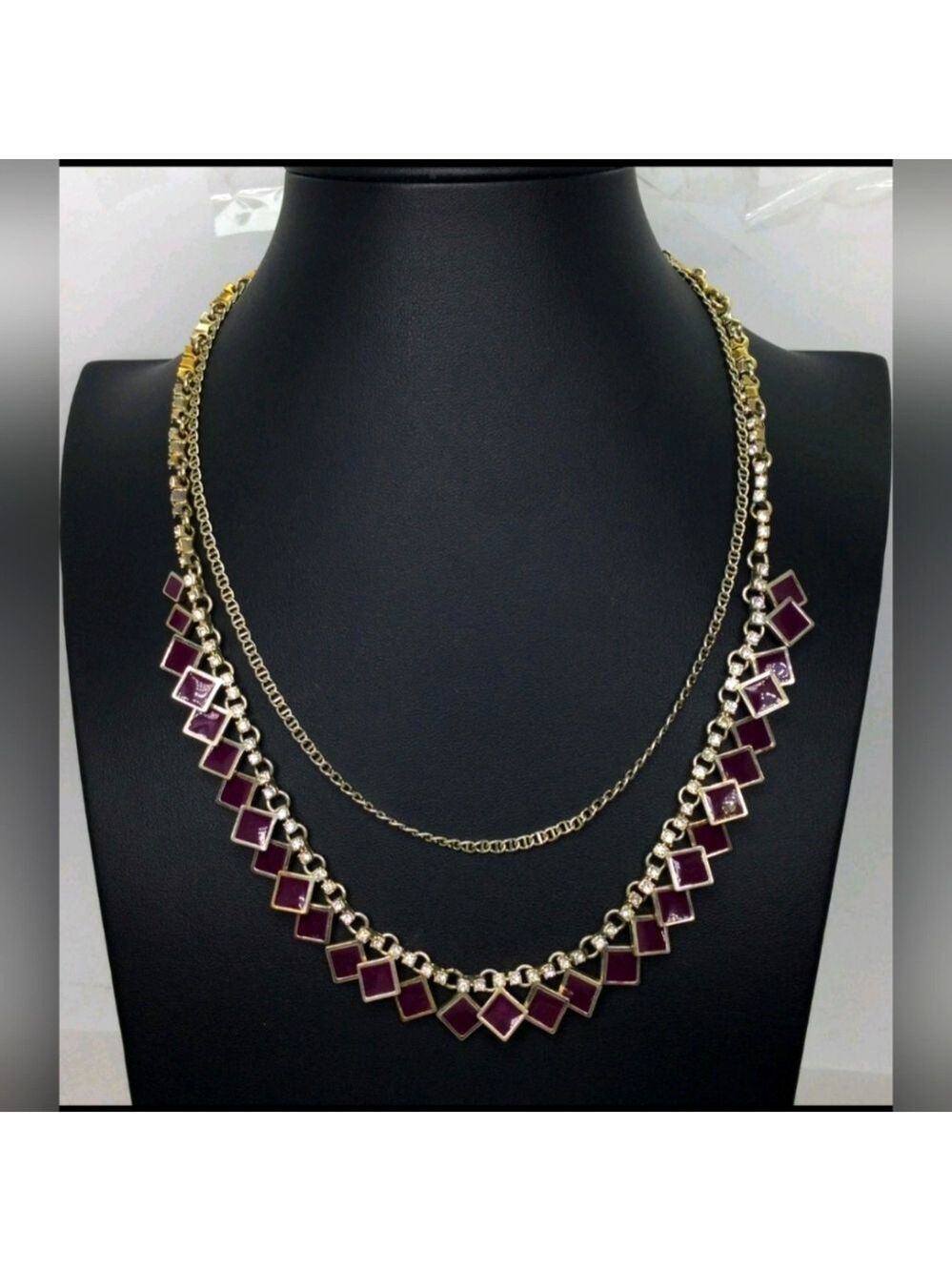 Ann Taylor Purple Enamel Dual Strand Geometric Necklace 18"